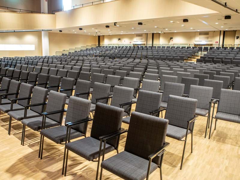 500 chairs dressed in Svensson fabric Ink in the remodeled congress hall in Borås, Sweden