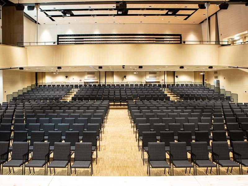 500 chairs dressed in Svensson fabric Ink in the remodeled congress hall in Borås, Sweden